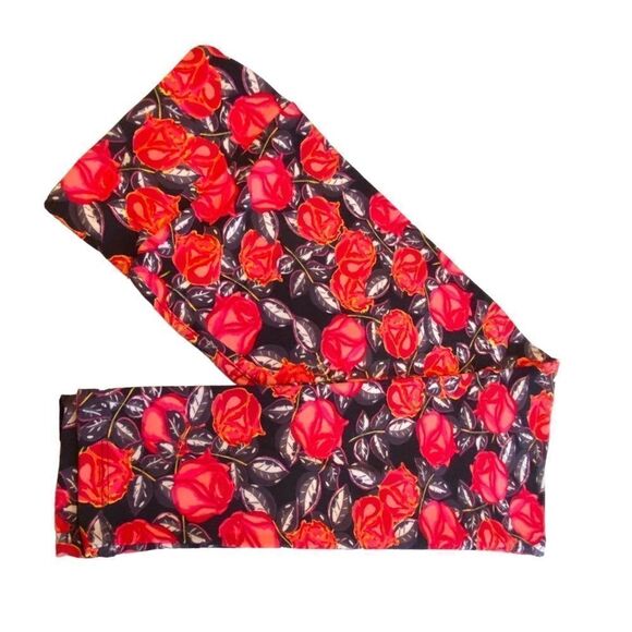 1086 LuLaRoe Size T & C Leggings Black and Pink Giant Rose Print New - Picture 1 of 4